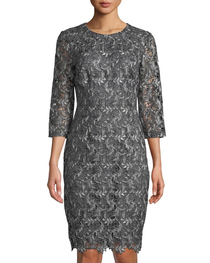 3/4-sleeve Plume-embroidered Guipure Dress