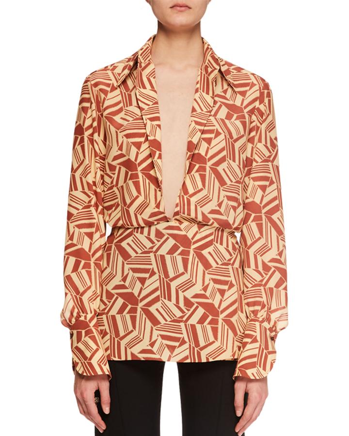 Deep-v Long-sleeve Geometric-print Crepe De Chine Blouse