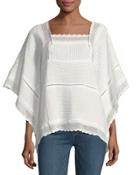 Pleated Lace-trim Poncho Top, White