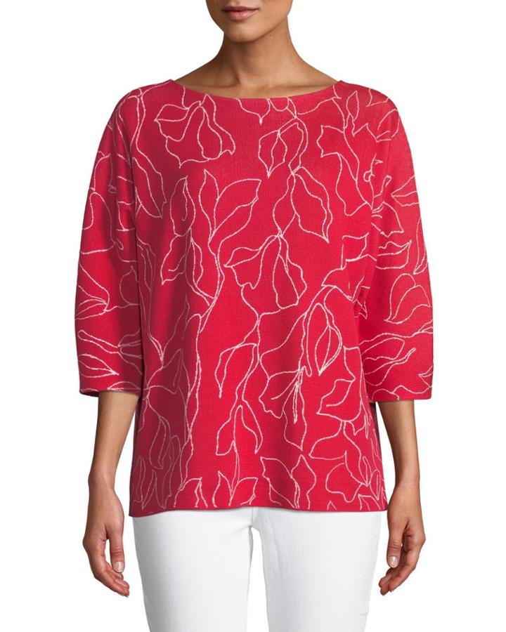 3/4-sleeve Floral-jacquard Cotton