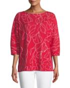 3/4-sleeve Floral-jacquard Cotton