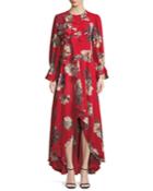 Long-sleeve Ruffled Floral-print Gown, Red Pattern