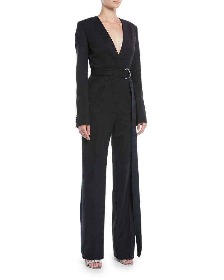 Long-sleeve V-neck Belted Jumpsuit