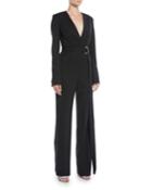 Long-sleeve V-neck Belted Jumpsuit