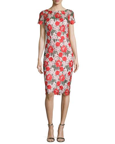Floral Embroidered Lace Sheath Cocktail Dress