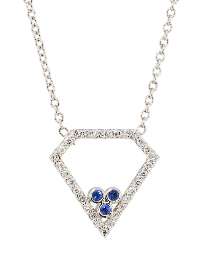 18k White Gold Diamond & Sapphire Triangle Pendant Necklace