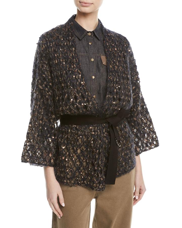 Mohair Netted Wrap Cardigan W/ Paillettes & Grosgrain Belt