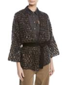 Mohair Netted Wrap Cardigan W/ Paillettes & Grosgrain Belt
