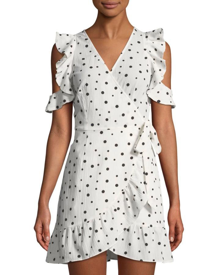 Crepe Cold-shoulder Ruffle Polka-dot Dress