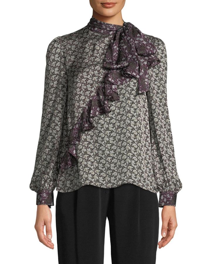 Tie-neck Asymmetric Ruffle Floral-print Crepe