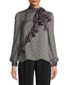 Tie-neck Asymmetric Ruffle Floral-print Crepe