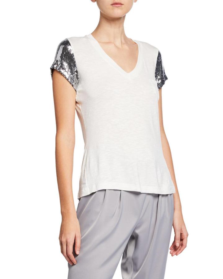 Sequined Sleeve V-neck Tee