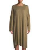 Round-neck Long-sleeve A-line Linen-blend Dress