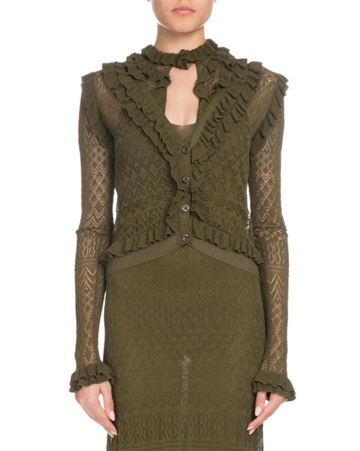 Kozmic Button-front Long-sleeve Ruffled Pointelle Lace Knit Cardigan