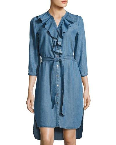 Ruffled Long-sleeve Chambray Shirtdress,