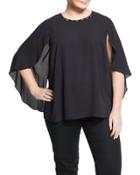 Embellished Cape-sleeve Blouse, Black,