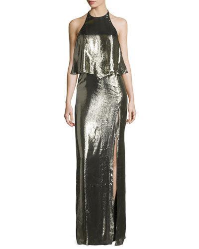 Metallic Jersey Halter Popover Gown, Antique Brass
