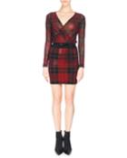 Strass Tartan Plaid Draped Minidress, Red/black