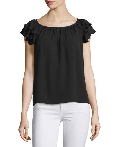 Ruffle-sleeve Round-neck Top, Black