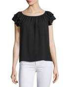Ruffle-sleeve Round-neck Top, Black