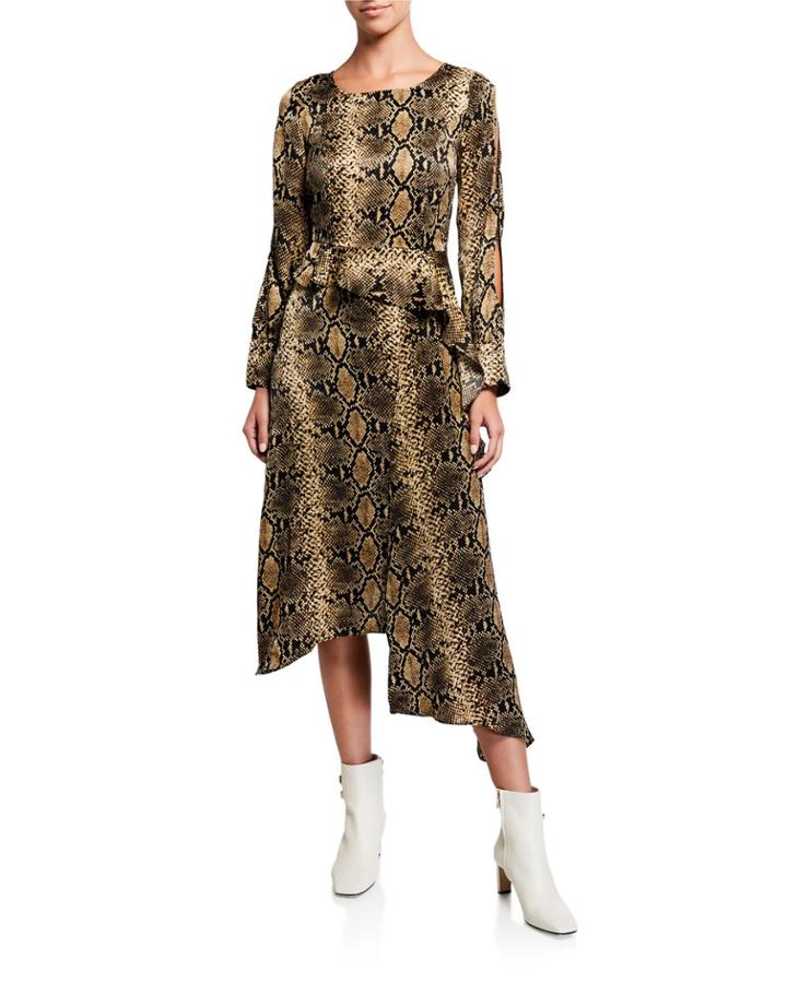 Snakeskin-print Slit-sleeve Asymmetric Peplum Dress