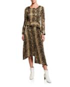 Snakeskin-print Slit-sleeve Asymmetric Peplum Dress