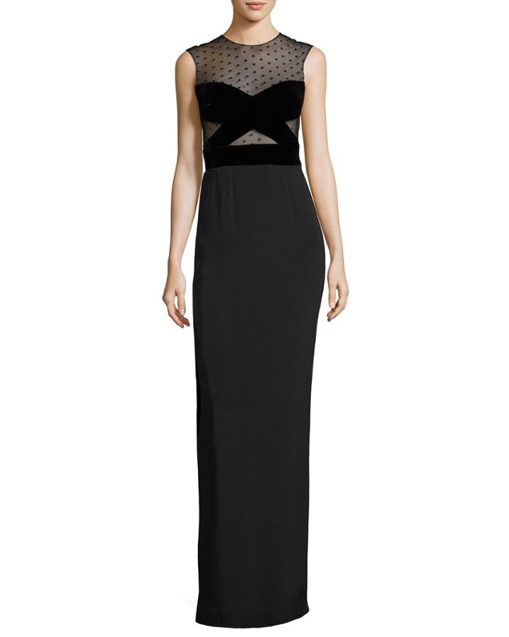 Sleeveless Swiss Dot Column Gown, Black