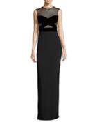 Sleeveless Swiss Dot Column Gown, Black