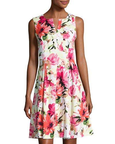 Notch-neck Sleeveless Floral-print Dress,