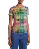 Round-neck Cap-sleeve Multicolor Blanket-weave Top