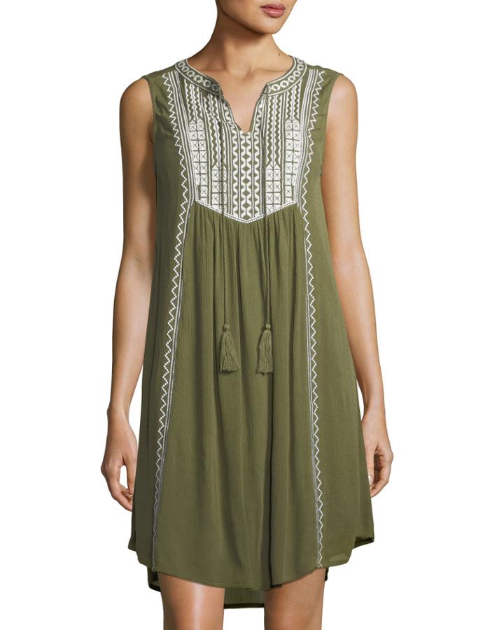 Sleeveless Self-tie Crinkle Dress W/ Embroidery