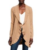 Cashmere Ruffled Open-front Duster Cardigan, Camel