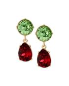 Golden Crystal Double-drop Clip Earrings, Green/red