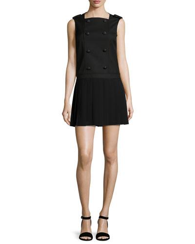 Sleeveless Button-front Pleated Dress, Black