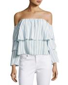 Striped Three-tier Ruffled Off-the-shoulder Top