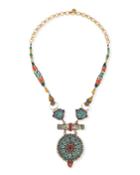 Antiqued Turquoise, Coral & Lapis Pendant Necklace