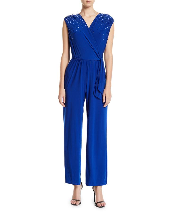 Beaded-shoulder Drape-front Jumpsuit