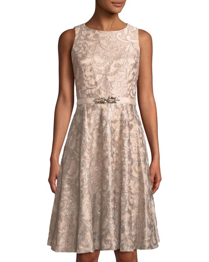Belted Sequin-lace Fit-&-flare Dress