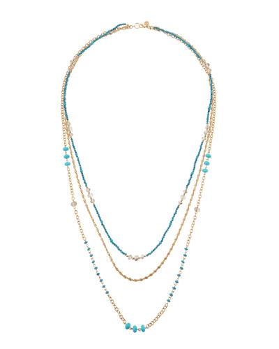 Worn Golden Triple-strand Beaded Necklace, Blue