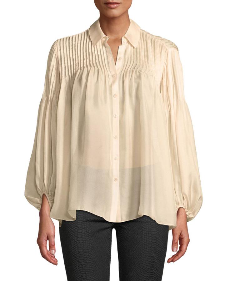Pleated-shoulder Button-front Blouse