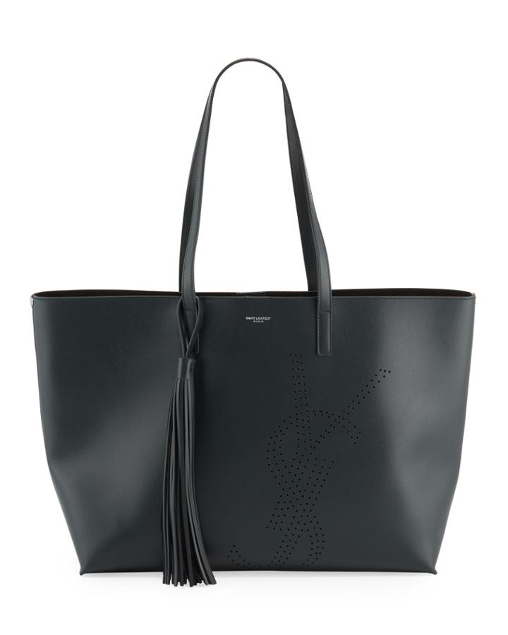Smooth Leather Ysl Perforated Shopping Tote Bag