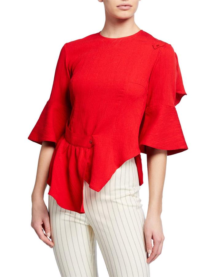 Sash 3/4-sleeve Asymmetrical Ruffle Top