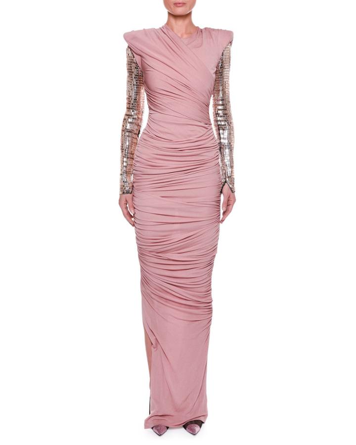 Ruched Bodice Gown With Beaded