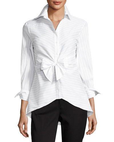 Striped Tie-front Blouse, White/black