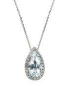 14k White Gold Topaz Pear Pendant Necklace W/ Diamonds