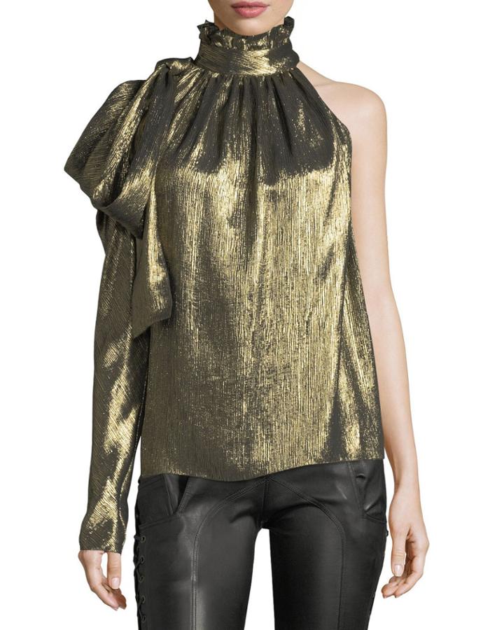 One-shoulder Lurex Necktie Blouse
