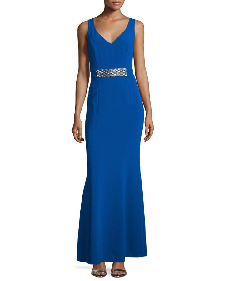 Sleeveless Embellished-waist Gown, Jubilee Blue