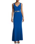 Sleeveless Embellished-waist Gown, Jubilee Blue
