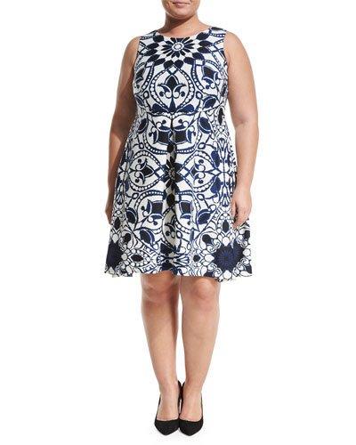 Printed Scuba Fit-&-flare Dress, Blue/white,