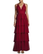 Sleeveless Tiered Silk Chiffon Gown, Bordeaux